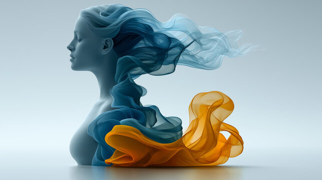 Abstract Blue Female Profile with Flowing Thoughts and Emotions