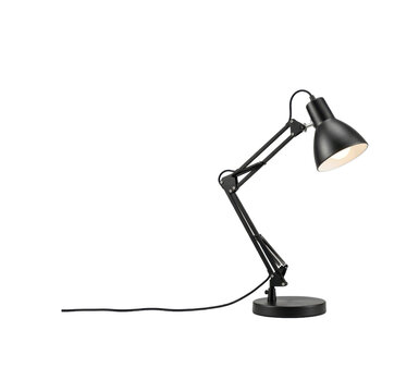 Adjustable black desk lamp with articulated arm and round base