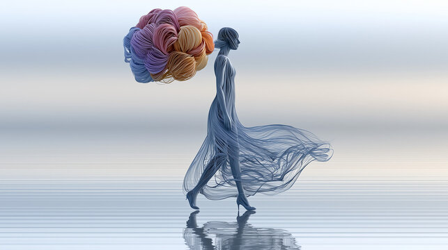 Dreamlike Female Figure with Flowing Fabric and Creative Thoughts