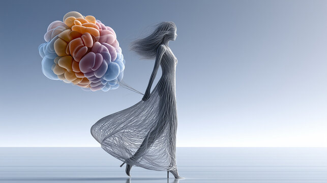 Ethereal Woman with Flowing Dress and Abstract Thoughts