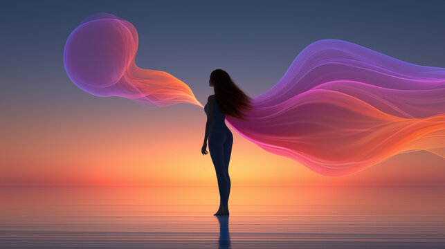 Woman Walking Through Flowing Colors Symbolizing Emotional Journey