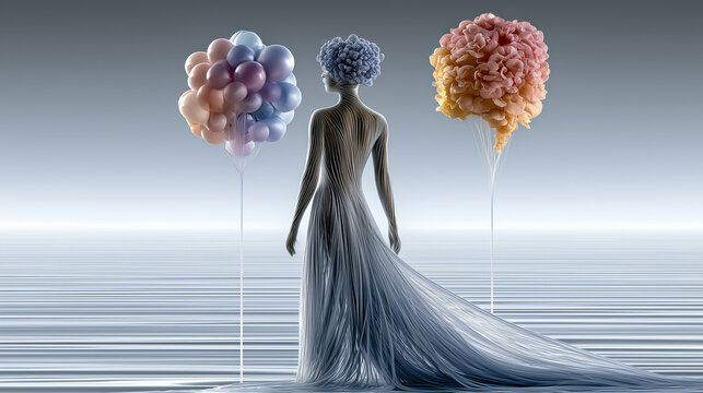 Woman Surrounded by Abstract Thought Clouds in Neurodiversity Concept