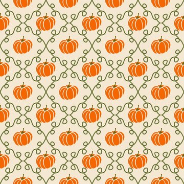 Pumpkin and Curly Vine Seamless Pattern for Autumn Fabric and Wrapping Paper