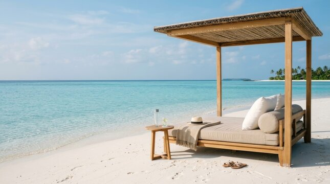 A wooden canopy bed with beige cushions and pillows, overlooking a serene beach with turquoise water and palm trees in the distance.