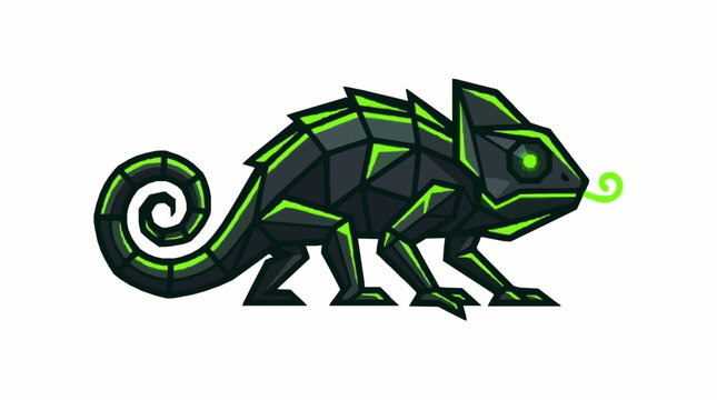Geometric chameleon illustration. Modern polygon lizard design with neon green accents.