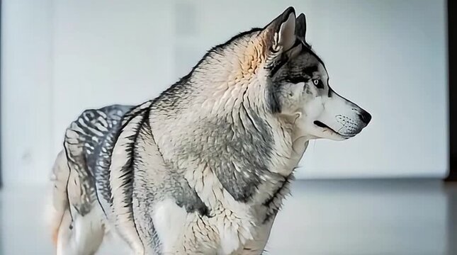 Siberian husky dog blinking and turning its head in a bright studio