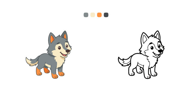 Cartoon Wolf Pup Colored and Line Art on White Background