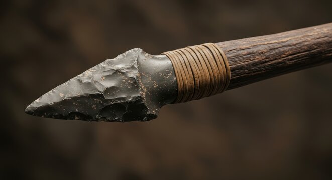 Ancient stone spearhead tied to wooden handle