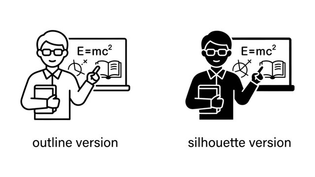 Teacher and Students Icon: A modern icon depicting a teacher with a book in hand pointing to a blackboard with the famous equation E=mc&sup2; and scientific symbols, representing education and learning.