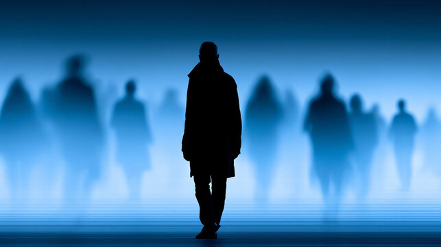 Blue-lit silhouettes of people gathered on a digital plane, modern human connectivity concept, with copy space