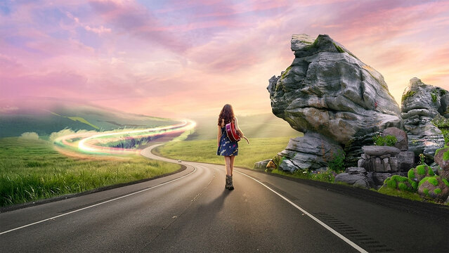 Lonely woman with a guitar walking down an empty highway