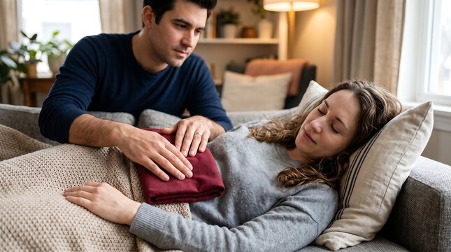 Caring Companion: A concerned man gently places a hot water bottle on his partner's stomach as she rests on a sofa, offering comfort and support during a moment of illness or discomfort.