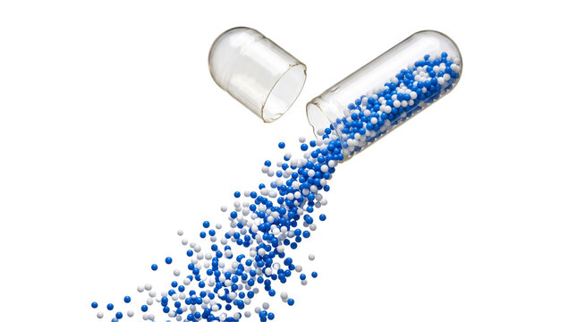Capsule Pill Flying falling open capsule with blue and white granules isolated on transparent or white background png Set against a pure solid white background RGB 255 to maximize extraction