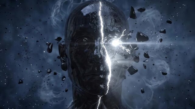 Futuristic Human Face Split by Energy Lightning With Glowing Eye