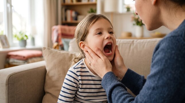 A Parent Checks Child's Throat: A caring parent gently checks their young child's throat, the child's mouth wide open, in a warm, domestic setting.