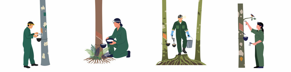 Fototapeta premium Set of flat vector illustrations depicting professional workers harvesting natural latex from rubber trees in a plantation, showing the tapping and collection process.