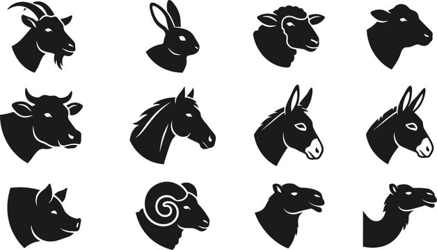 Farm Animal Head Silhouette Icon Set Featuring Goat, Rabbit, Sheep, Cow, Horse, Donkey, Pig, Ram, Camel, and Llama