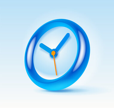 Modern glossy blue 3D clock icon with orange second hand on a soft background. Concept of time, schedule, reminder, deadline, productivity, and business planning