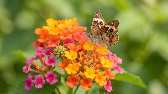 Colorful Lantana Flowers with Butterfly Close Up on Natural Green Background for Tropical Garden and Pollinator Concept