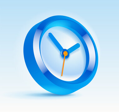Modern glossy blue 3D clock icon with orange second hand on a soft background. Concept of time, schedule, reminder, deadline, productivity, and business planning