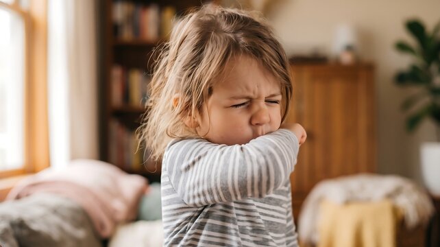 Coughing Toddler in Living Room: A young toddler stands in a cozy living room, coughing into their elbow with a distressed expression. Capturing the vulnerability and discomfort of a child's illness.