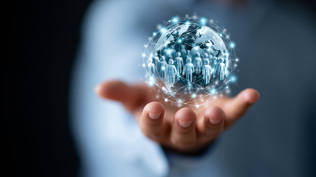 Human resources technology concept showing a glowing global workforce network, digital talent management and HR analytics, with copy space