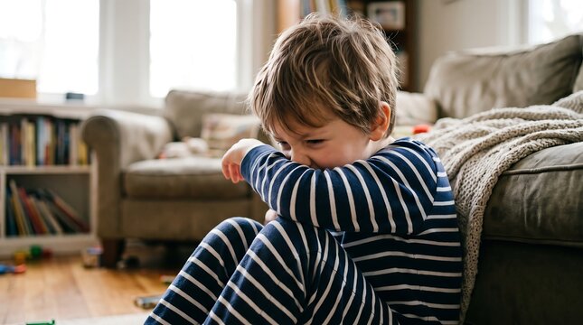 A child's sorrow: A young boy in striped pajamas sits on the floor, overwhelmed by sadness, with his face buried in his arms. His small body is slumped in defeat.