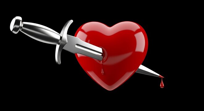 3D Red Heart Pierced by Dagger with Blood on Black Background