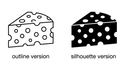Cheese Slice Icons: Two distinct representations of a cheese slice, one in outline form and the other as a solid silhouette, both featuring characteristic holes. © Hasina