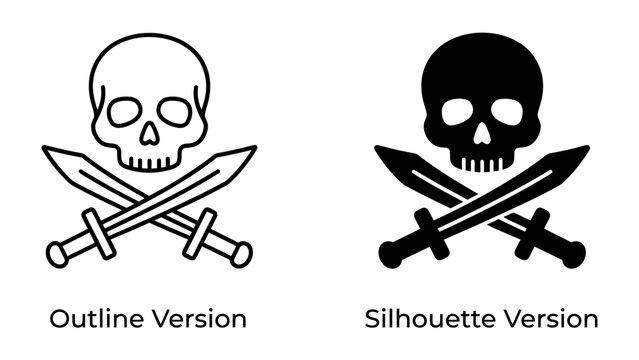 Skull and Crossed Swords Icon: Two graphic representations of a skull with crossed swords, one as a simple outline and the other as a solid silhouette, symbolizing danger or pirate themes.