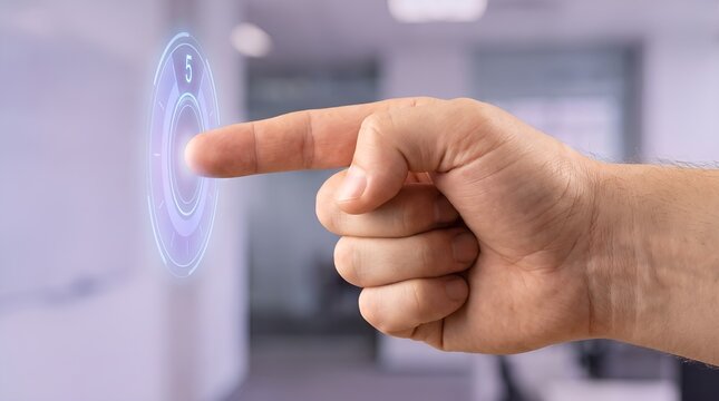 Futuristic digital interface with hand touching glowing virtual button, interactive hologram technology in modern office, smart screen navigation concept