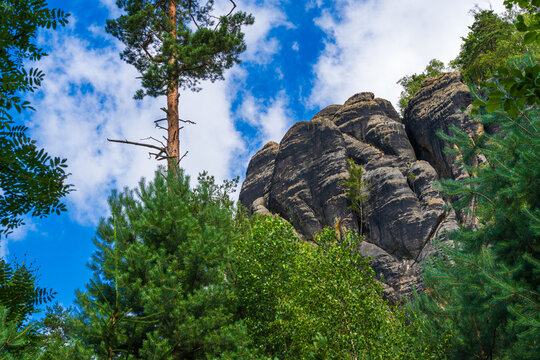 Sandstone rock formations at Schrammtor in Saxon Switzerland National Park Germany