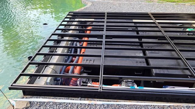 Pool filtration system and technical equipment installation with PVC pipes and pumps