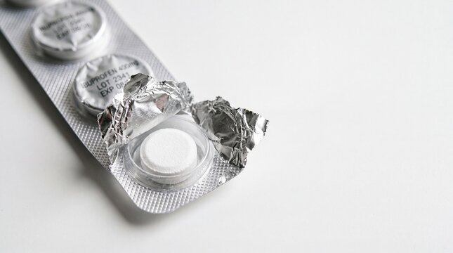 Open blister pack with white round ibuprofen tablet visible on clear plastic container over bright clean background for pharmacy.