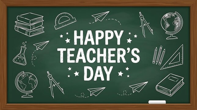 Green chalkboard with white chalk drawings of school supplies and Happy Teacher Day text for educational advertisement and academic celebration event backdrops