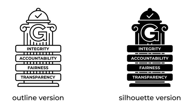 Pillars of Integrity: Two stylized representations of a building structure, one in outline and one in silhouette, display foundational principles: integrity, accountability, fairness.