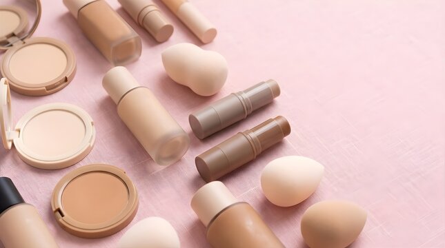 Flat Lay of Liquid Foundation and Makeup Products on Pink Background