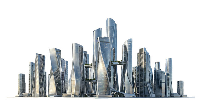 City Skyline Futuristic Skyscrapers Modern city skyline isolated PNG futuristic cityscape with skyscrapers on transparent background urban architecture for design and compositing