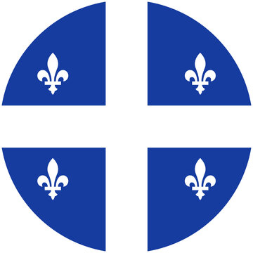 Flag of Quebec province of Canada circle button, badge. Quebec flag icon, sticker in round shape. Flag of region Quebec circular banner, background.