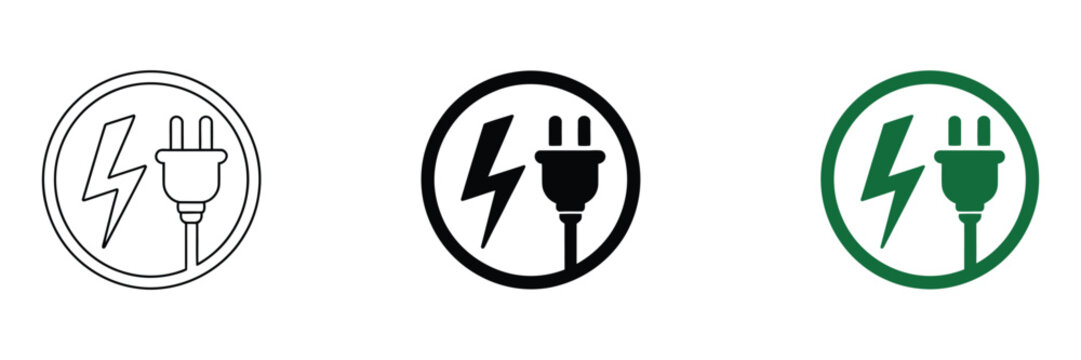 Electric car charging icon set, plug cable lightning bolt, green energy, power station symbols, vector illustration, eco transport, isolated

