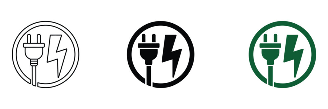 Electric car charging icon set, plug cable lightning bolt, green energy, power station symbols, vector illustration, eco transport, isolated
