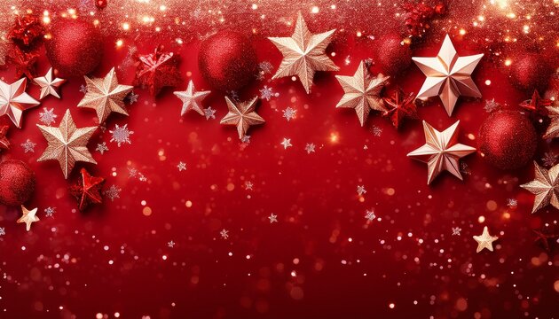 Elegant Red Festive Background Christmas Card With Glitter Stars And Snowflakes