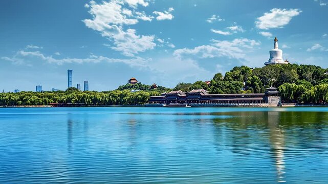A breathtaking time-lapse capturing the beautiful scenery of Beihai Park in Beijing, featuring the White Pagoda, Wanchun Pavilion, and the China Zun skyscraper under changing skies.