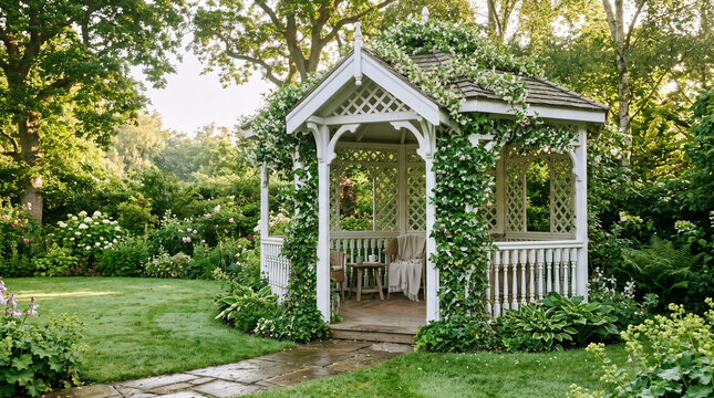 White garden gazebo covered with ivy vines in lush green cottage garden landscape
