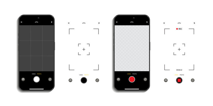 Realistic Smartphone Camera Interface UI Kit with Photo and Video Recording Screen Overlay, Mobile Camera Viewfinder Vector Template