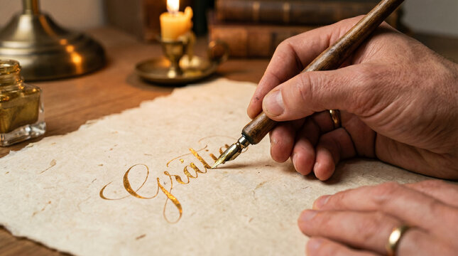 Hand writing elegant calligraphy with dip pen in gold ink on aged parchment