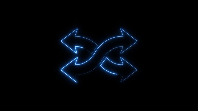 Glowing blue neon shuffle animation, digital interface symbol for random play and music streaming apps