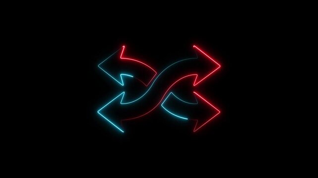 Neon glowing shuffle arrows animation, red and blue directional symbols on black background