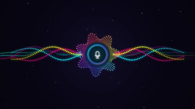 Voice recognition waveform animation with central microphone icon animated colorful sound waves pulsating around a icon visualizing recognition audio input or smart technology