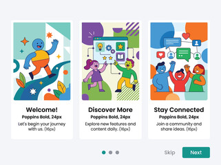 Fototapeta premium Mobile app onboarding screens. UI UX design for welcome, discovery and social connection.